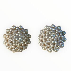 Vintage Champagne Tone French Pearl Cluster Screw Back Earrings